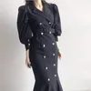 Herbst Frauen Vintage Elegante Schlanke Meerjungfrau Kleider Weibliche Zweireiher Puff Ärmeln Maxi Lange Vestidos 210520