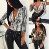 Moda Kobiety Głębokie V Neck Bodysuit Leotard Top Koszule Z Długim Rękawem Bluzka Party Topy Leopard Snake Slim Party Workgy Tunika Ubrania Y0927