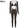 Kliou Mesh Shinny Patchwork Jumpsuits With Lace Up Halter Bikini Women Sexy Hollow Out Overalls Club Party Clothes 211119