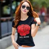 S-4XL Sommar Koreanska Kläder BomullT-tröja Röd Rose Diamanter Transbilent Kvinnor Toppar Shirt Short Sleeve Elastic Tees 210604