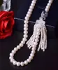 Collier de bijoux à la mode pour femmes, micro incrusté de zircon, accessoires de tête de léopard, pendentif pompon de perles d'eau douce blanches de 8 à 9mm, 65cm de long