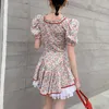 French Vintage Floral Print Summer Dress Women Korean Cute Lace Spliced Contrast Puff Sleeve Sweet Mini Beach Robes 210514