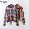 Yojoceli Geometryczna Plaid Dzianina sweter Cardigan Kobiety Okrągły Neck Casual Loose Jumper Odzieży Wierzchniej Streetwear 210609