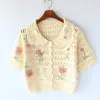 Sweet Flower Embroidery Cardigan Trui Vrouwen Korte Mouw Enkele Breasted Dames Hol Vintage Coat Knit Crop Top 210514