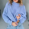 Зимний теплый толстый свободный свитер Женщины Сплошной летучий рукав водолазки вязаные пуловер случайные перемычки модные вершины 210518