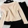 Höstkvinnans stickade 2 stycken Set Chic Office Ladies Single Breasted Pearl Knappar Cardigan Sweater + Plissed Long Kjol Suit 211119