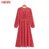 Tangada Moda Kobiety Red Flowers Print A-Line Dress Vintage Długie Rękaw Office Damska Sukienka Midi 8Y67 210915