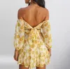 Manga Longa Floral Impressão Praia Estilo Vestido Mulheres Fora do Ombro Bohemian Summer Sundress Bonito Amarelo Mini Vestidos Feminino 210427