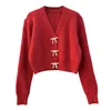 Women Red White Black Solid Sweater Knitted Long Sleeve V Neck Single-breasted Cardigans Bow Diamond M0466 210514