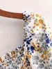 Mode lente lange mouwen vierkante kraag vintage vrouwen bloemenprint elastische buste ruche jurk chique vrouwelijke midi jurken 210507