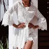 Flare Kollu Oymak Beyaz Dantel Sonbahar Elbise Kadın Embriodery Pamuk Kısa Rahat Gevşek Mavi Vestidos 210427