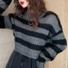 Tic gothique rayé pull femmes pulls Sexy hauts courts hiver tricots 2020 chandails tricotés noir gris pull décontracté X0721