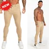 Gingto Mavi Kot Slim Fit Süper Sıska Erkekler için Süper Sıska Sokak Giyim Hio Hop Ayak Bileği Sıkı Kesim Vücut Büyük Boy Streç ZM05 210716