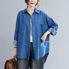 Otoño moda mujer manga larga suelta cuello vuelto algodón camisas de mezclilla dos bolsillos blusas casuales tamaño grande M646 210512