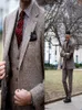 Męskie Garnitury Blazers Vintage Winter Tweed Brown Mężczyźni Z Patch Design 3 Sztuk Kostium Homme Smart Business Formalne Ślub