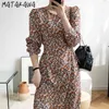 Matakawa Imprimer Floral Puff Sleeve Robe Femme Vintage Manches longues O-Cou Robes Automne Slim Mousseline Femme Robe 210513