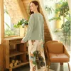 Primavera verão floral impresso pijama sleepwear fêmea casual v pescoço manga longa elástica cintura nightwear pajamas retro set 210830