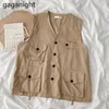 Dorywczo luźne kobiety kamizelka wiosna jesień kieszeń solidne koreańskie bluzki bluzki Wszystkie mecz Vintage Cargo Vests Lato 210601