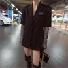 Блейзер с блестящими рукавами и ромбовидными рукавами, женская куртка с зубчатым воротником, черное сплошное карманное дизайнерское длинное пальто для подиума, осень 210603