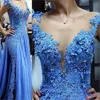 Blue Lace Appliques Mother of the Bride Dresses Illusion Pearls Beading Formal Godmother Evening Wedding Party Guests Gown Plus