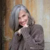 12 "Straight Grey Wig Human Hair For Lady Salt och Peppar Naturliga High Lights Silver Custom Grey Weave Paryker Gluelss 150% Denstiy Bob Cut