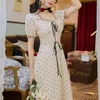 Yosimi verão vintage ponto strapless apto e flare mid-bezerro manga curta noite festa longa vestido vestido feminino 210604