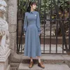 Blue Turn-Down Collar Sukienka Szyfonowe Kobiety Vintage Pełna Rękaw Mid-Calf Kobiet Vestidos Plised Es Spring 210603