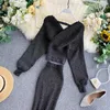 Kobiety Bling Sweter Dwuczęściowy Zestawy Wiosna Jesień V Neck Sexy Bawing Rękaw Dzianiny Topy i Wrap Spódnica Outfit Kobieta Biurowy garnitur 210525