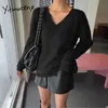 Yitimuceng Nieregularne swetry dla kobiet Spadek Zimowe ubrania V-Neck Casual Batwing Rękaw Swetry Japońska Knit Moda 210601