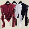 Ruffles Stitching Långärmad T-shirt Fashion Slim Fit Kvinnors Blus Off-Shoulder Toppar Bomull Solid Pullover 11285 210508