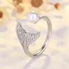2021 Fashion Mermaid Bubble Pearl Gold Color Copper Inlaid Blue Zircon Opening Rings Women Autumn Winter Knuckle Finger Jewelry G1125