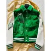 Groene mannen jas flocking lederen mouwen honkbal jas uniform jas met enkele borsten warme jassen koppels varsity jassen