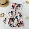 Women Two Piece Sets Summer Leaf Print Sexy Bra Bow Crop Tops + Elastic Waist Wide Leg Shorts Suit Fashion Ladies Outfit 210525