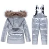 Glanzend zilver Kids Baby Snowsuit Waterdicht Down Parkas Kinderkleding Sets Down Jassen + Jumpsuit Boys Girls Winter Suits H0909