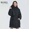 Miegofce Design Vinterrock Kvinnor Parka Isolerad Lös Klipp med Patch Fickor Casual Jacket Stand Collar Hooded 211011