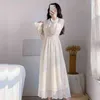 여성 드레스 봄 긴 소매 살구 여성 드레스 칼라 누락 칼라 중공 레이스 드레스 여성 vestido de mujer e433 210602