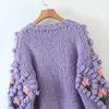 高品質の重い手作りかぎ針編みニットカーディガン紫oネックパフスリーブセータージャケット刺繍ジャカードジャンパー韓国210610