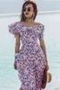 Original design Romantisk Slash Neck Blommigryck Fashion Beach Holiday Style Maxi Ruffles Summer Party Dress Robe de Za 210421