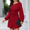 Günlük Elbiseler Kadın Moda Ince Bel Elbise Uzun Kollu Katı Renk Gevşek Artı Boyutu Rahat Kadın Giyim Sonbahar ve Kış