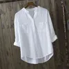 Camisa das mulheres do outono manga longa solta V-pescoço branco blusa branco bolsos casuais senhoras blusas 100% camisas de algodão tops D76 210512