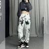 QWEEK Tie Dye Sports Pants for Women Harajuku Goth Baggy Joggers Autumn Loose Trousers Oversize White Jogging Sweatpants 210925