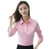 Femmes coréennes Chemises Femme élégante Chemise en coton rayé Plus Taille Blouses Office Lady Blouse Rose Travail 3XL / 5XL Tops 210531