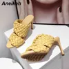 Summer PU Leather Braided Thin High Heel Sandals Slides Women Party Shoes Cross Wove Folds Mules Sexy Slippers 42 210507
