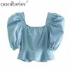 Vit Blå Sommar Slim Kvinnor Blusar Fashion Puff Sleeve Button Front Sweetheart Crop Tops Kvinna Casual Short Shirts 210604