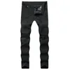 Mäns Jeans Man Ripped Hole Straight Brand Denim med kontrast Färg Mode Casual Zipper Man Byxor Slim Byxor Svart Vit Röd