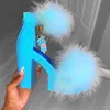 purple blue red fur female fur sandals platform heels chunky heel platform shoes and ankle strap high heels X0523