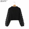 Zevity 여성 패션 아플리케 시폰 랜턴 슬리브 패치 워크 짧은 뜨개질 스웨터 숙녀 세련된 풀오버 탑 S631 210812
