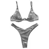 Kvinnor sommar sexig brasiliansk bikini set holografisk glänsande metallisk baddräkt push up vadderad underwire strand baddräkt 210621