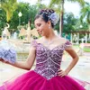 Gorgeous Ball Gown Quinceanera Dress 2022 Tulle Crystal Ruffles Sequined Long Kjol Purple Tier Sweet 15 Dress