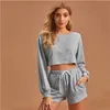 Women's Shorts Autumn Solid Color 2 Piece Sets Womens Outfits Summer Clothes Crop Top Long Sleeve Drawstring Casual Short Tracksuit Women